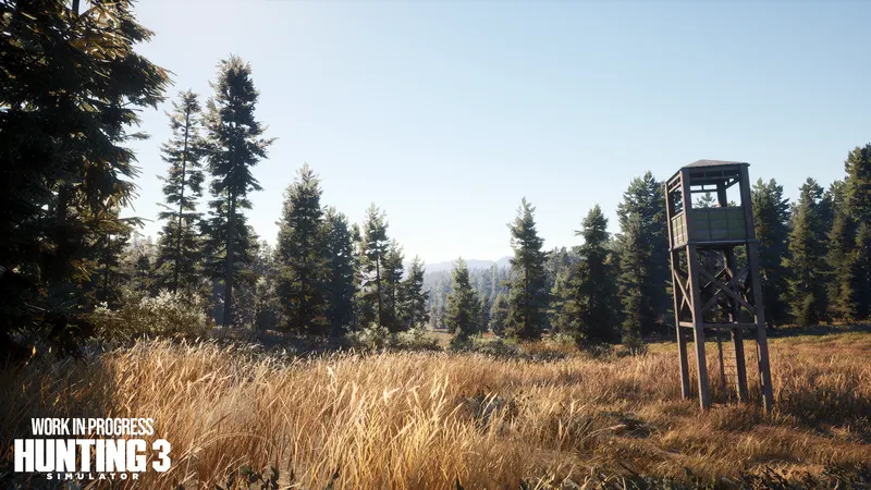 Tour de guet dans une clairière de Hunting Simulator 3 pour vérifier les lignes de tir avant une chasse à l’affût