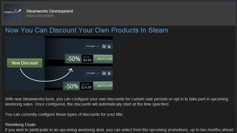 Les développeurs peuvent faire leurs promotions sur Steam