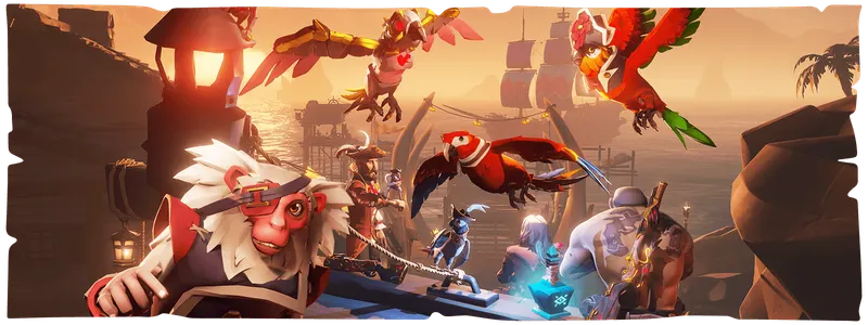 Scène du Pirate Emporium de Sea of Thieves montrant plusieurs cosmétiques liés au compte Microsoft