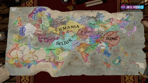 Carte officielle de Crusader Kings III montrant les territoires contrôlés et les panneaux de gestion du souverain.