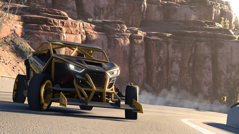 BeamNG.drive montrant un buggy sur route désertique avec physique dynamique