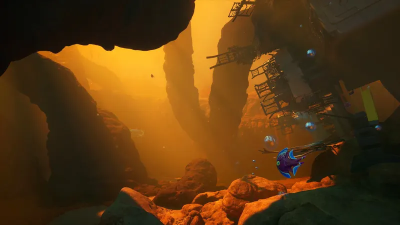 Subnautica 2 montrant un biome orangé et un véhicule sous-marin