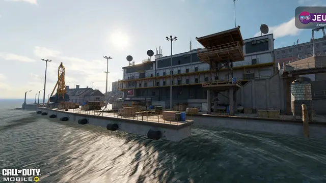 Vue officielle de Rebirth Island dans Call of Duty Mobile montrant une zone Battle Royale propice aux rotations avec couverts