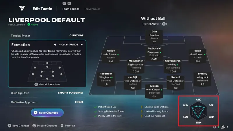 Graphique tactique officiel FC 26 avec les indicateurs attaque défense construction largeur longueur et endurance