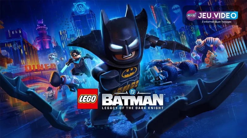 LEGO Batman accès anticipé avec Batman devant Gotham et le logo officiel du jeu