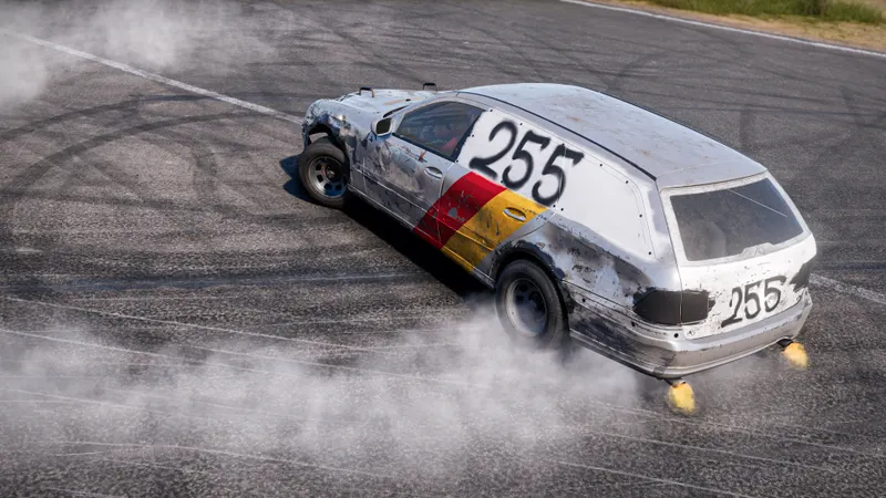 Wreckfest 2 mise à jour montrant la Stahlwagen en dérapage sur circuit