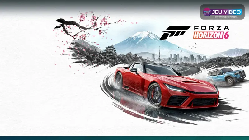 Forza Horizon 6 montrant le Japon, le logo du jeu et deux voitures de couverture