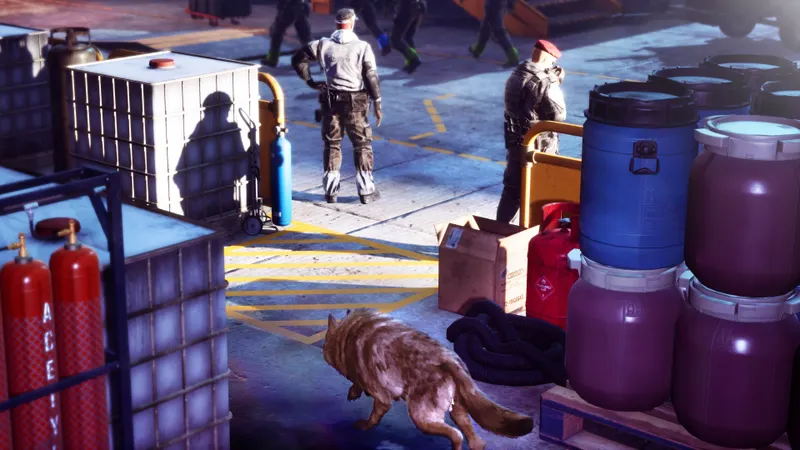 Cahal en forme de loup infiltrant une zone industrielle surveillée dans Werewolf Earthblood
