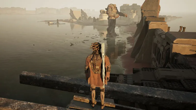 gen ATLAS montrant le personnage devant une mer et des structures mécaniques