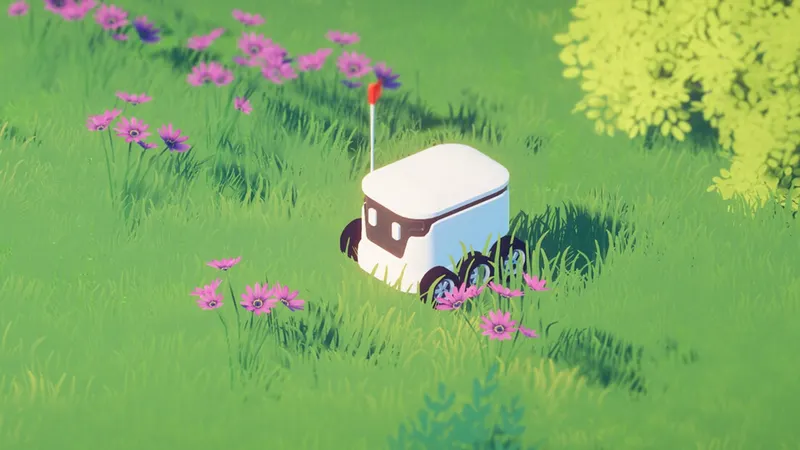Tiny Delivery trailer avec petit robot livreur dans une ville colorée sur PC