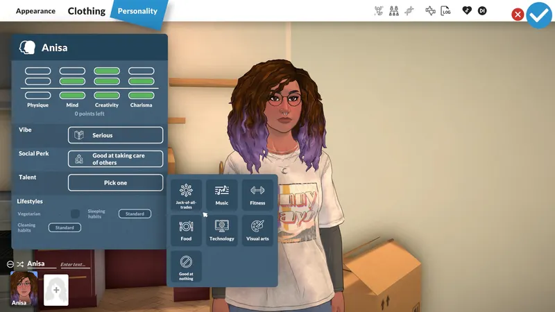 Paralives affichant le créateur de personnage et les traits de personnalité