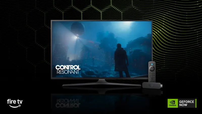 TV displaying a blue-tinted urban scene and the text ‘Control Resonant’, with a remote and a Fire TV Stick on the right. Fire TV and NVIDIA GeForce NOW logos at the bottom.