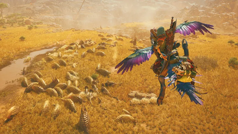 Monster Hunter Wilds hunter facing a large monster in close combat