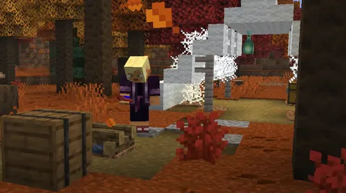 Minecraft Bedrock 26.40 dans une forêt tachetée avec un camp abandonné