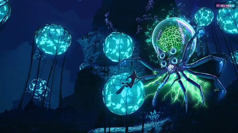Plongeur de Subnautica dans une zone sous-marine lumineuse face à une grande créature, symbole des explorations à préparer avec oxygène et véhicules