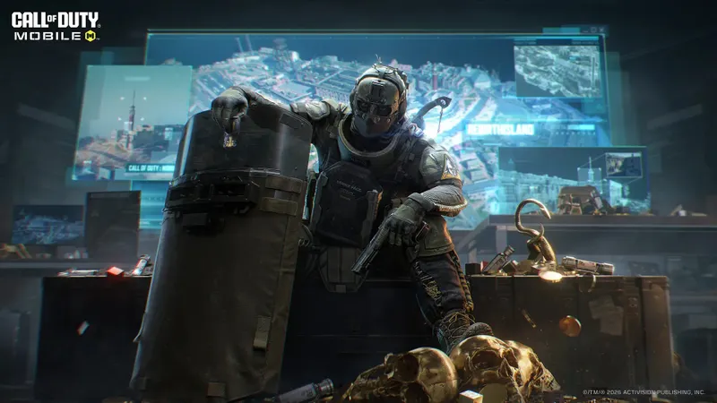 Opérateur de Call of Duty Mobile surveillant une zone avant de rejoindre une Buy Station sur Rebirth Island