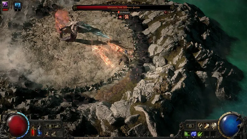 Combat de boss sur une plateforme rocheuse dans Path of Exile 2 avec l interface complète, une bonne scène pour vérifier si les étiquettes d objets restent lisibles pendant l action
