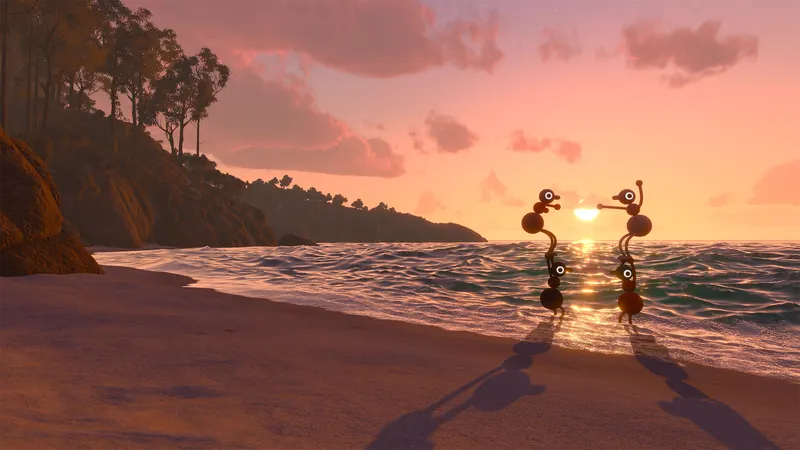 Big Walk montre deux personnages coop au coucher du soleil sur une plage