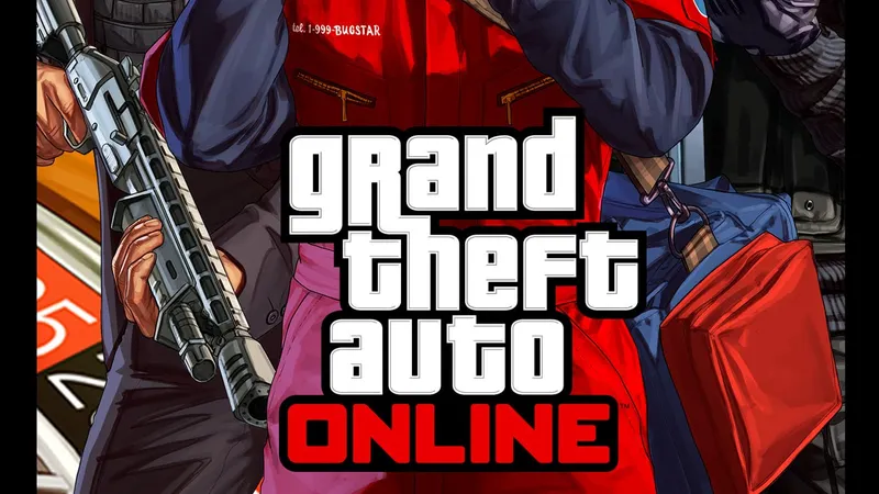 GTA Online mise à jour avec le logo Grand Theft Auto V et les personnages de Los Santos