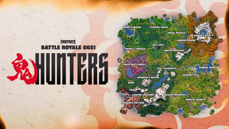 Carte officielle de Fortnite Chapitre 6 Saison 1 utilisée pour choisir des zones de test avec ville, forêt et relief avant de valider les réglages de visibilité