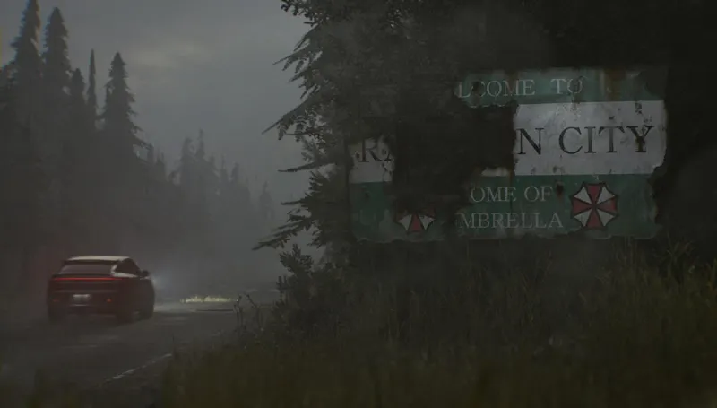 Panneau délabré de Raccoon City dans Resident Evil Requiem servant de repère d exploration