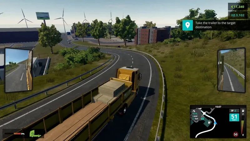 Camion de Truck Driver suivant un itinéraire vers une destination avec objectif affiché pour choisir une mission courte