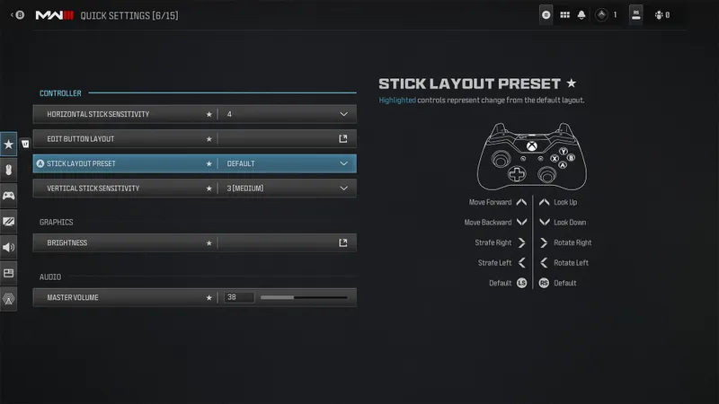 Menu Quick Settings Xbox de Call of Duty affichant la sensibilité horizontale et verticale du stick pour bâtir une base manette dans Warzone