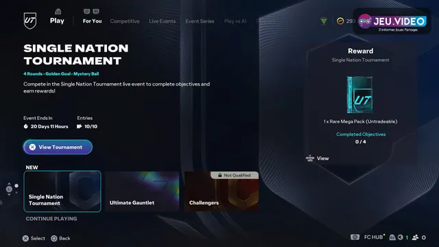 Menu Jouer de FC 26 Ultimate Team montrant les activités recommandées, les événements à venir et les récompenses disponibles.