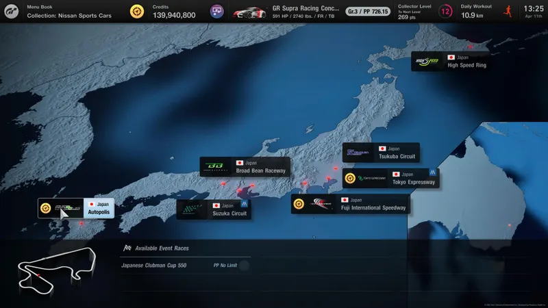 Carte des circuits japonais dans Gran Turismo 7 montrant Autopolis, Suzuka et High Speed Ring pour adapter la transmission au tracé