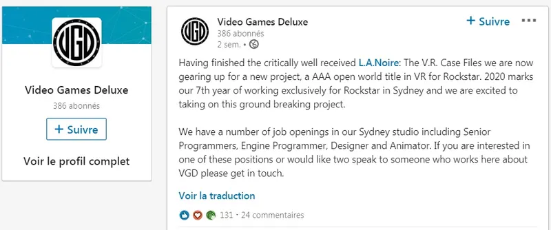 Video Games Deluxe annonce travailler sur un nouveau AAA en VR pour Rockstar - linkedin