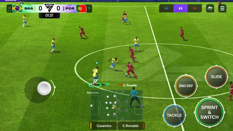 EA SPORTS FC Mobile montre une action de match avec ses commandes tactiles