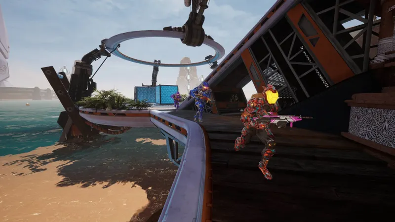 Duel de Splitgate original dans une arène industrielle avec un portail orange au premier plan