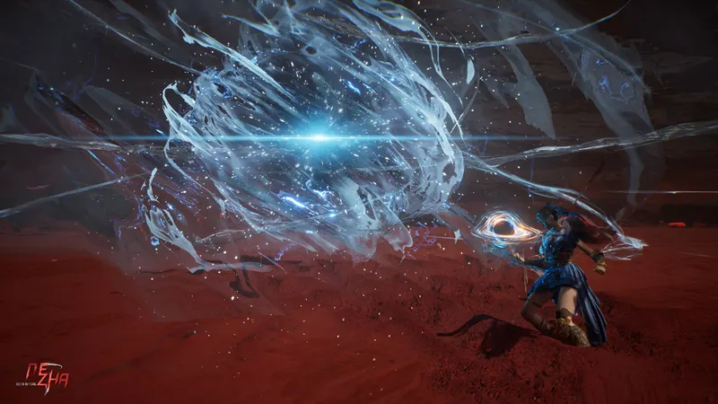 Nezha déclenchant une attaque d eau contre un ennemi dans Genigods Nezha pour illustrer la punition après parade