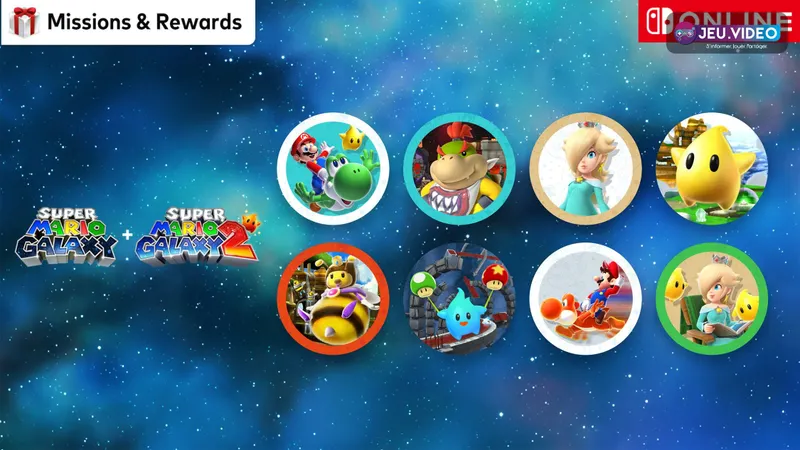 Icônes Super Mario Galaxy sur Nintendo Switch Online avec Mario, Rosalina et Yoshi