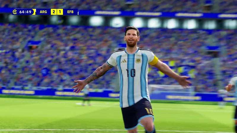 Lionel Messi célèbre un but dans eFootball Kick-Off sur Switch 2