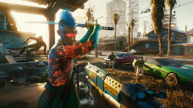 Capture officielle de Cyberpunk 2077 montrant un affrontement armé en vue subjective