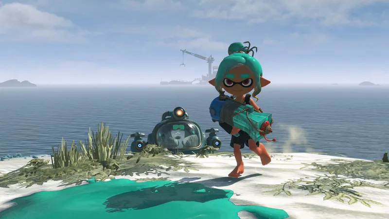 Le Mécano de Splatoon Raiders près de la mer et du robot allié