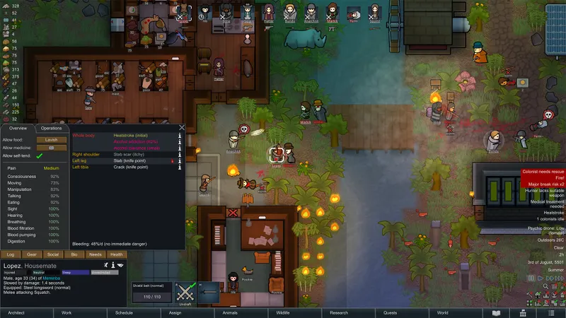 Colonie RimWorld en jungle montrant la pression logistique et les zones exterieures difficiles a proteger