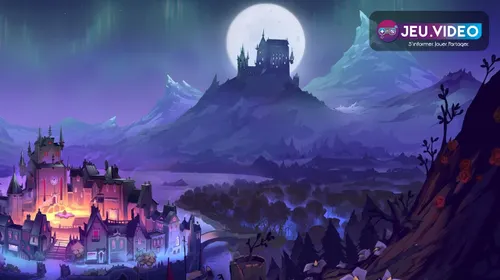 Paysage nocturne de Moonlight Peaks avec une ferme gothique