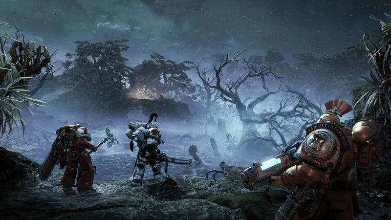 A Space Marine travels through a Kadaku swamp area toward a PvE objective in Space Marine 2.
