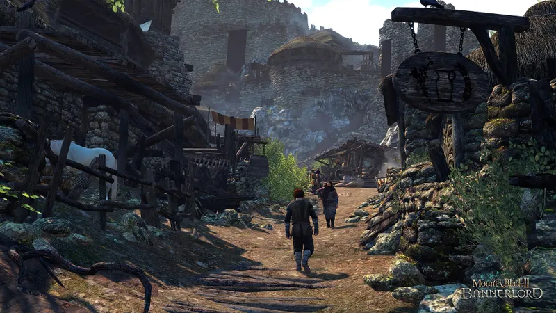 Guerreros con armadura luchando en una gran batalla de Mount and Blade II Bannerlord