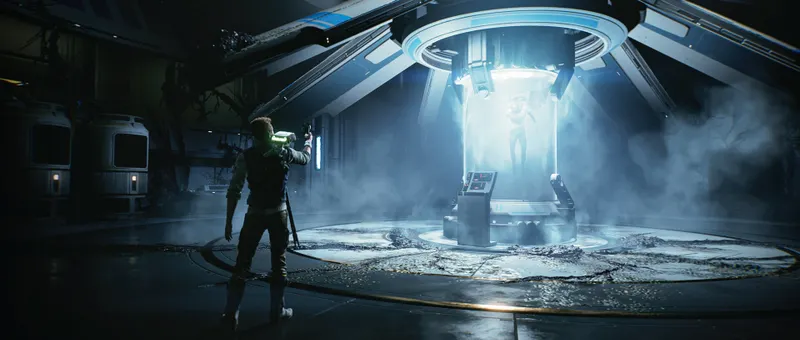 Cal Kestis dans une salle sombre pour ajuster luminosité et contraste dans Jedi Survivor