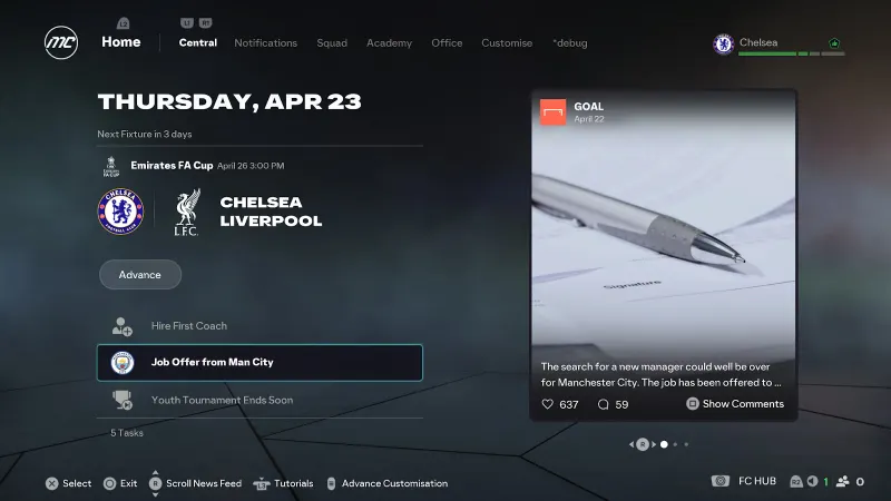Hub central de Carrière manager dans EA Sports FC 26 affichant une offre de poste de Manchester City