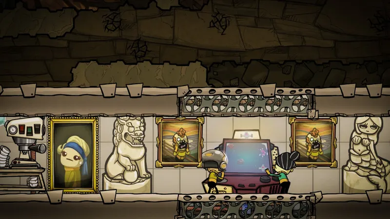 Salle de détente Oxygen Not Included avec décor, statues et machine récréative pour comprendre l’impact du moral plus tard en partie