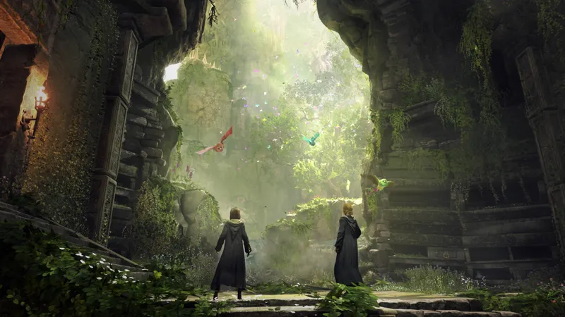 Ruines lumineuses de Hogwarts Legacy avec végétation dense pour comparer FSR Qualité et FSR Équilibré sur Steam Deck