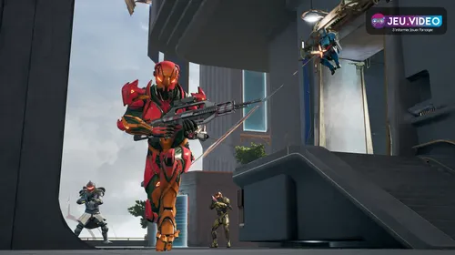Visuel officiel de Splitgate original montrant deux combattants en armure futuriste dans une arène à portails