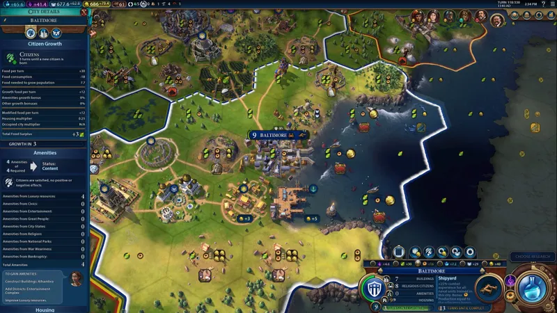 Ville de Civilization VI avec ses cases de terrain et ses ressources visibles pour choisir les améliorations