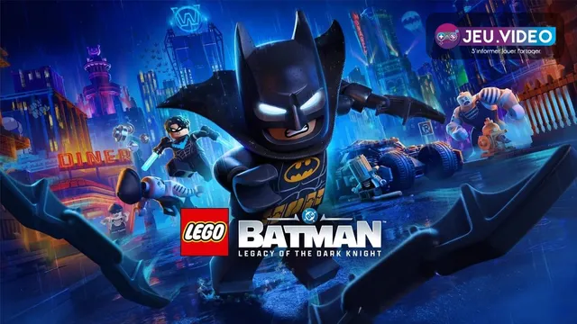 LEGO Batman accès anticipé avec Batman devant Gotham et le logo officiel du jeu