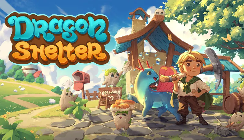 Dragon Shelter trailer avec ferme magique, dragons et héros devant le logo du jeu