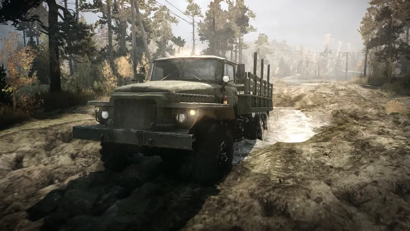 Camion de MudRunner avançant dans une rivière, représentant le test final d’une session crossplay avant une longue livraison